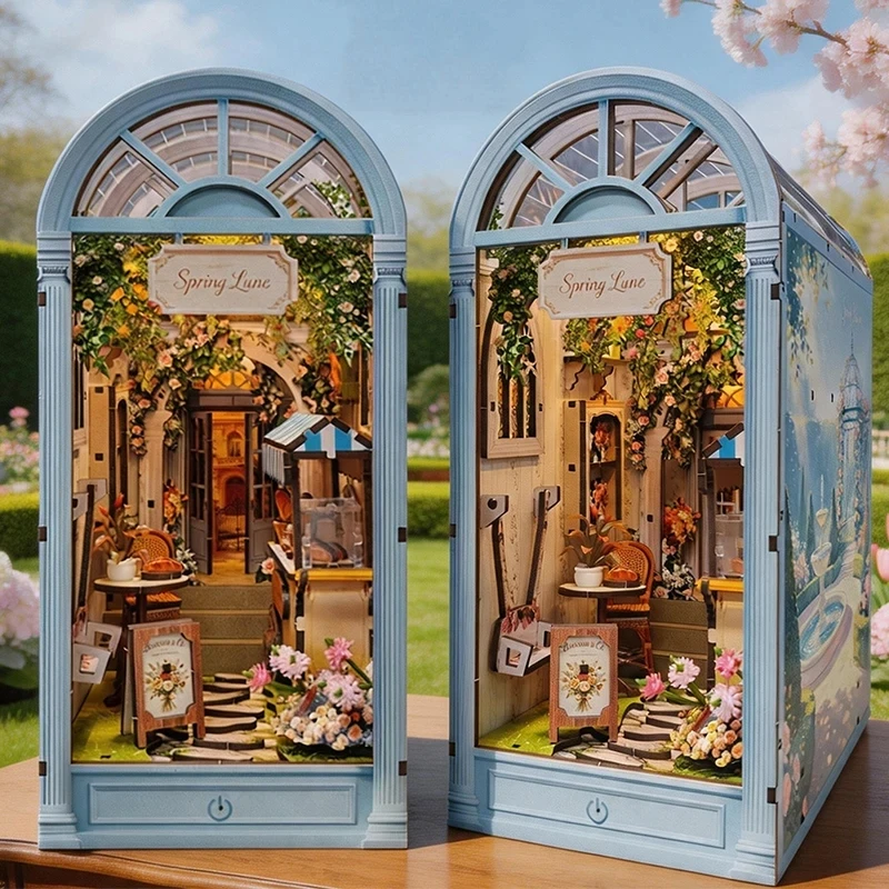 DIY Book Nook Spring Flower Lane Cottage Wooden Miniature Dollhouse Handmade Model Kit Home Decor Birthday Gift For Adult