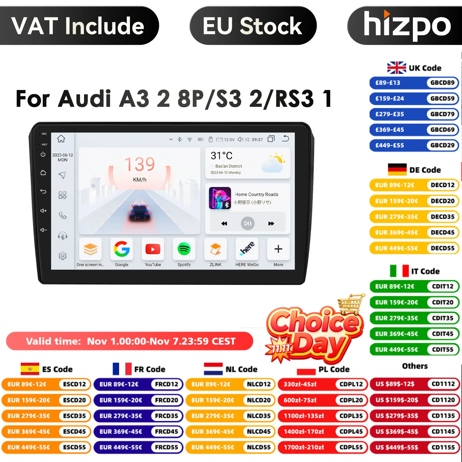 64G 4G-LTE Carplay AutoRadio 2 Din Android 14 Car Stereo with Screen GPS for Audi RS3 Sportback A3 8P S3 2003-2012 Multimedia BT