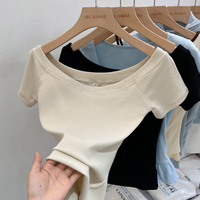 AOSSVIAO 2025 Women Short Sleeve Off Shoulder T Shirts Casual Slash Neck Solid Slim Fit Tee Summer Sexy Basic Ribbed Crop Top