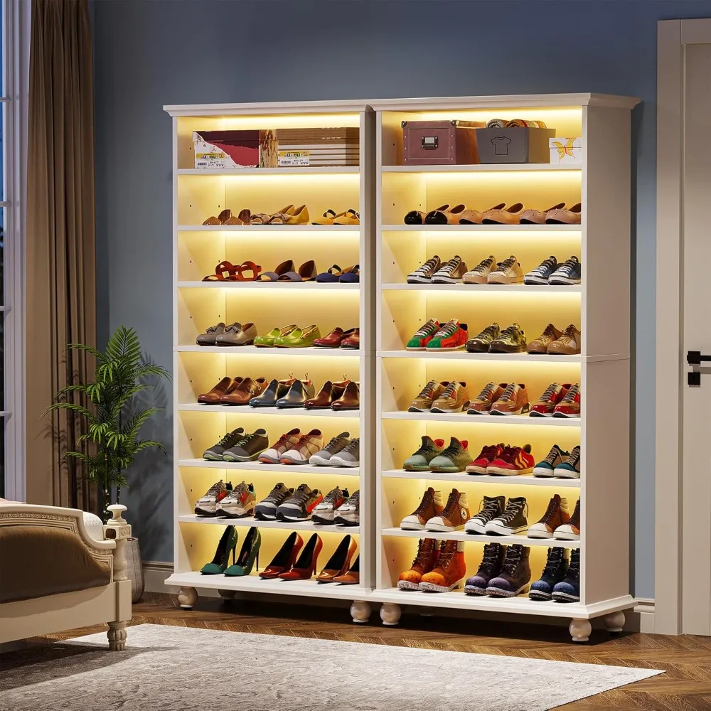 9-Tier Shoe Storage Cabinet with LED Lighting，30 Pairs Shoes Cabinet with Solid Wooden Legs，Wood Entryway Shoe Organizer