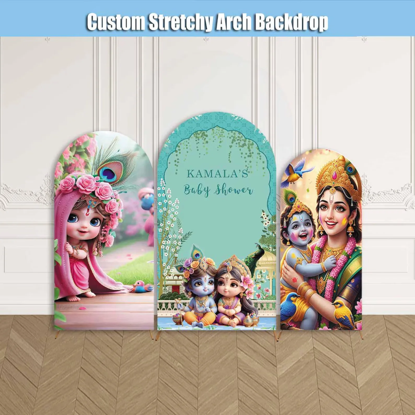 Mehofond Custom Baby Krishna Radha Yashoda Indian Peacock Kids Birthday Party Baby Shower Cover Arch Background Decor Backdrop