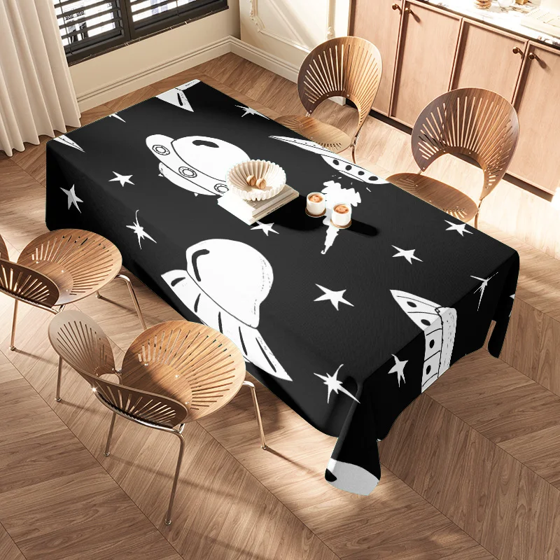 Black Spacecraft Pattern Tablecloth with Sturdy Wooden Chairs for Modern Dining Room Decoration 60x120cm
