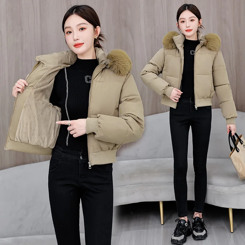 

PinkyIsBlack Big Fur Collar Hooded Down Cotton-padded Jacket Women's Winter 2025 New Thick Warm Short Cotton-padded Clothes