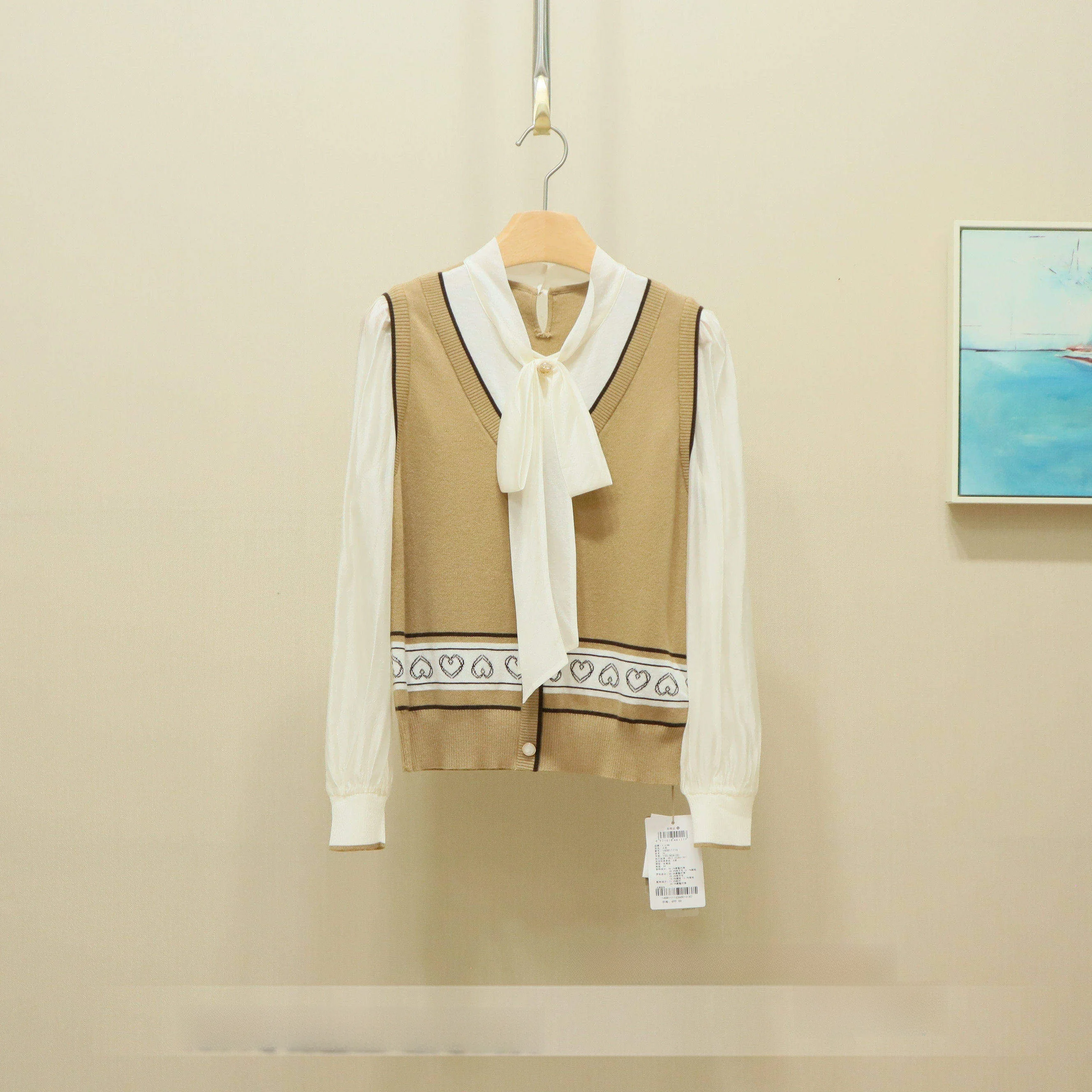 

Spring New Style Fake Two-Piece Blouse with Belt Design Ladies' Shirt Comfortable Breathable Loose Fit Long Sleeve V-Neck