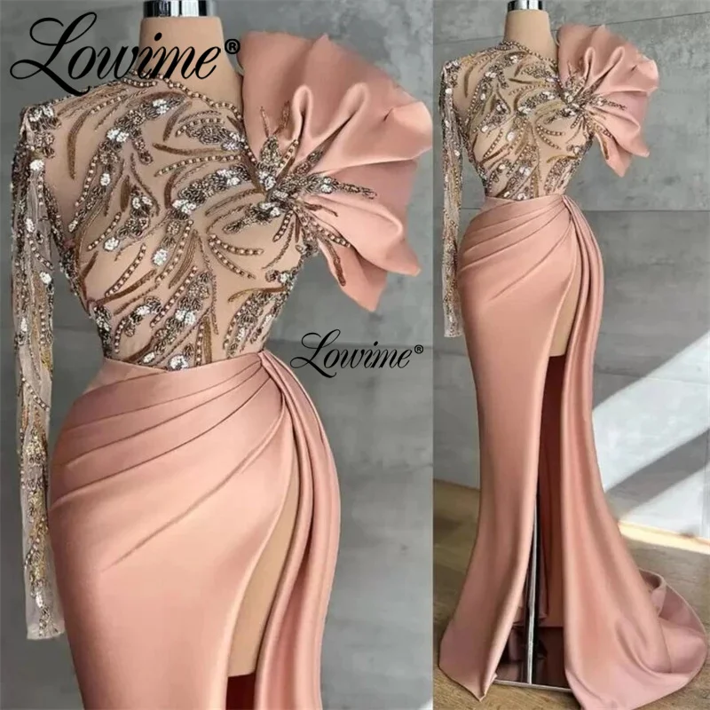 Lowime glamourosa um ombro vestidos de noite 2022 vestidos de gala cristais miçangas vestido de festa para casamentos com divisão lateral