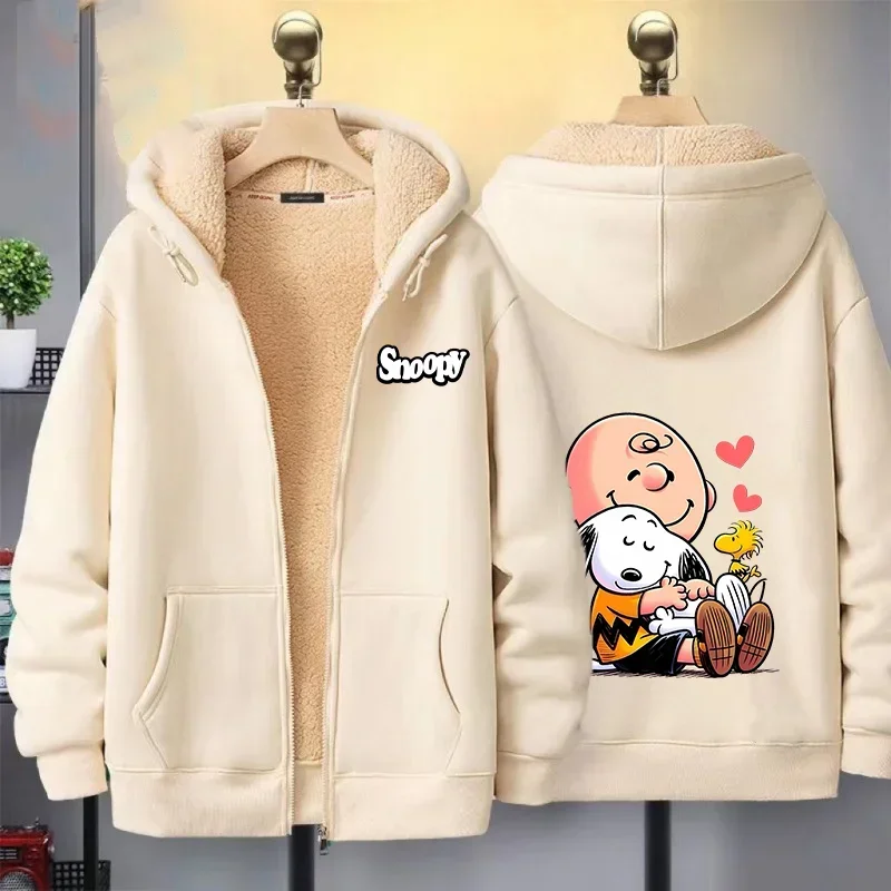 Snoopy Zip Hoodie for Adult Women Cartoon Sweatshirt New Lamb Fleece Coat Fashion Winter Warm Clothes Cardigan Birthday Gift