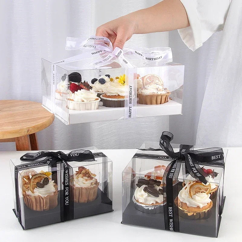 10 Sets Transparent Paper Cupcake Boxes 2/4/6-holes Baked Dessert Box Transparent Food Grade Pastry Packaging Decoration Case