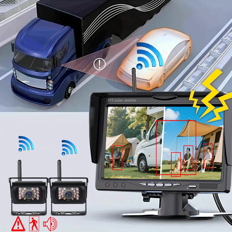 HD-Rückfahrkamera, 2-Kanal, kabellose Rückansichtkamera, BSD 7-Zoll-Monitor, AHD1080P, für LKW, Bus, Wohnmobil, Wohnmobil, Anhänger, Bagger, PickupTrailer