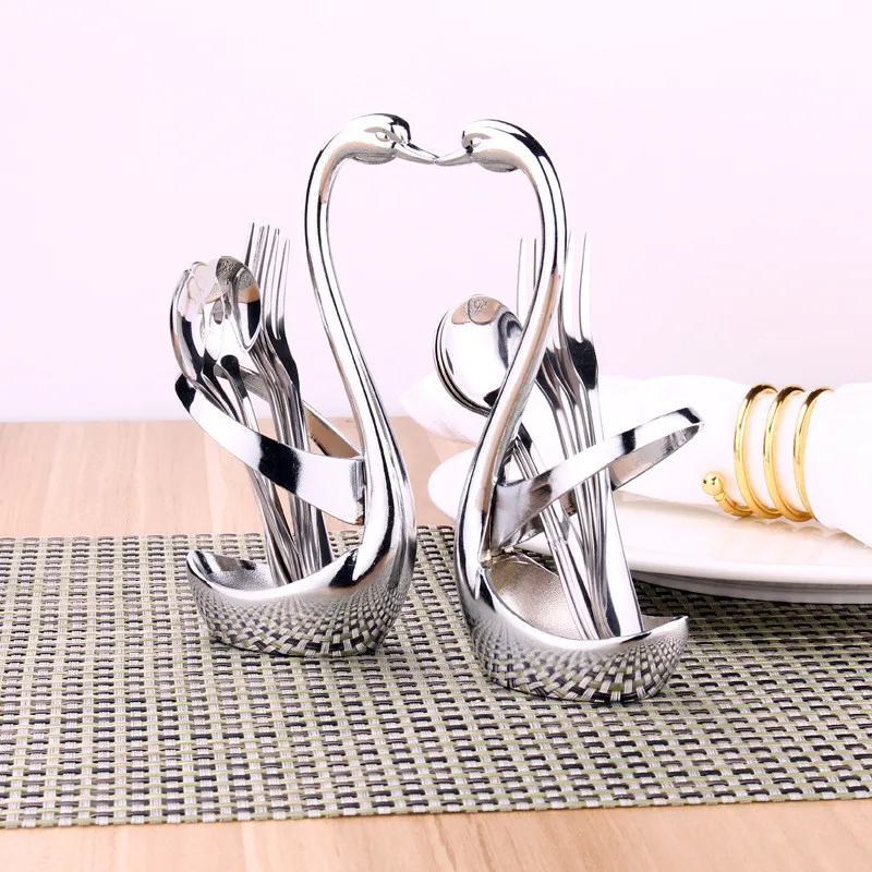 

7 Pcs/ Set Swan Fruit Base Holder Forks Set Stainless Steel Salad Dessert Forks Coffee Spoon Cake Tableware Zero Waste Flatware