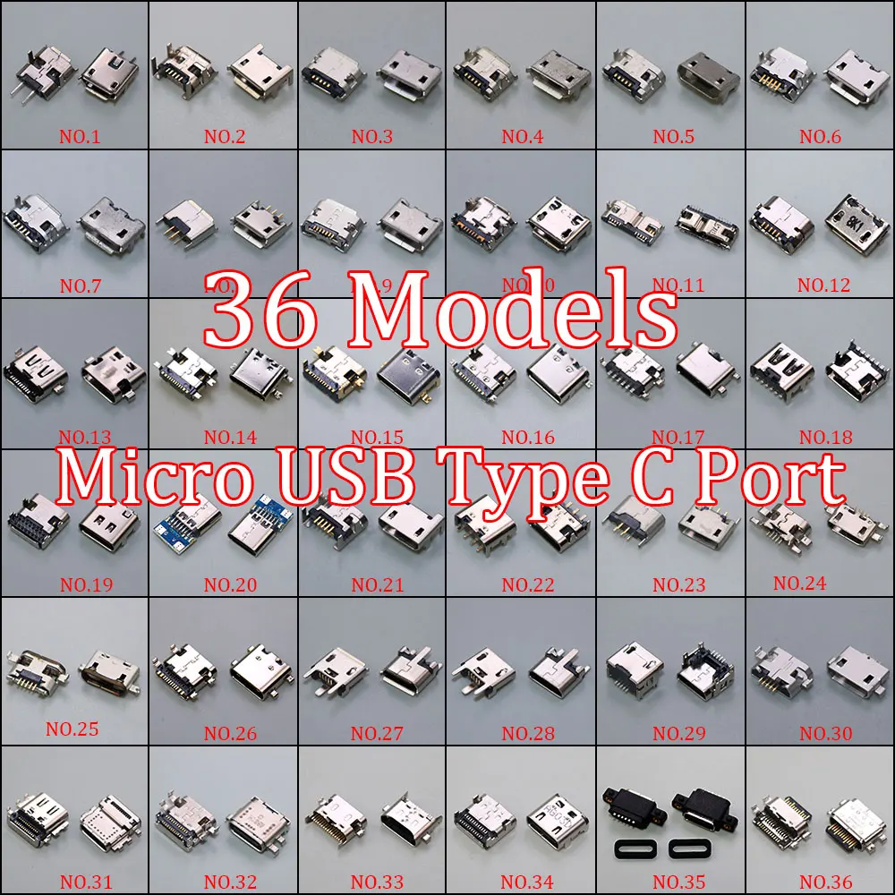 36 Models Micro USB Type C Connector Jack Charging Dock Port Plug Type-C Socket Micro USB Jack For Xiaomi Huawei Samsung SONY