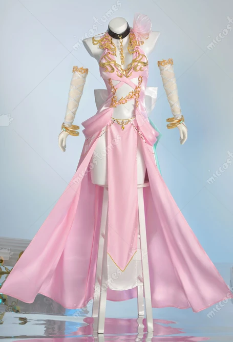 

Miccostumes Women's Halloween C.C. Cosplay Costume Pink Dress Set with Head Flower Socks
