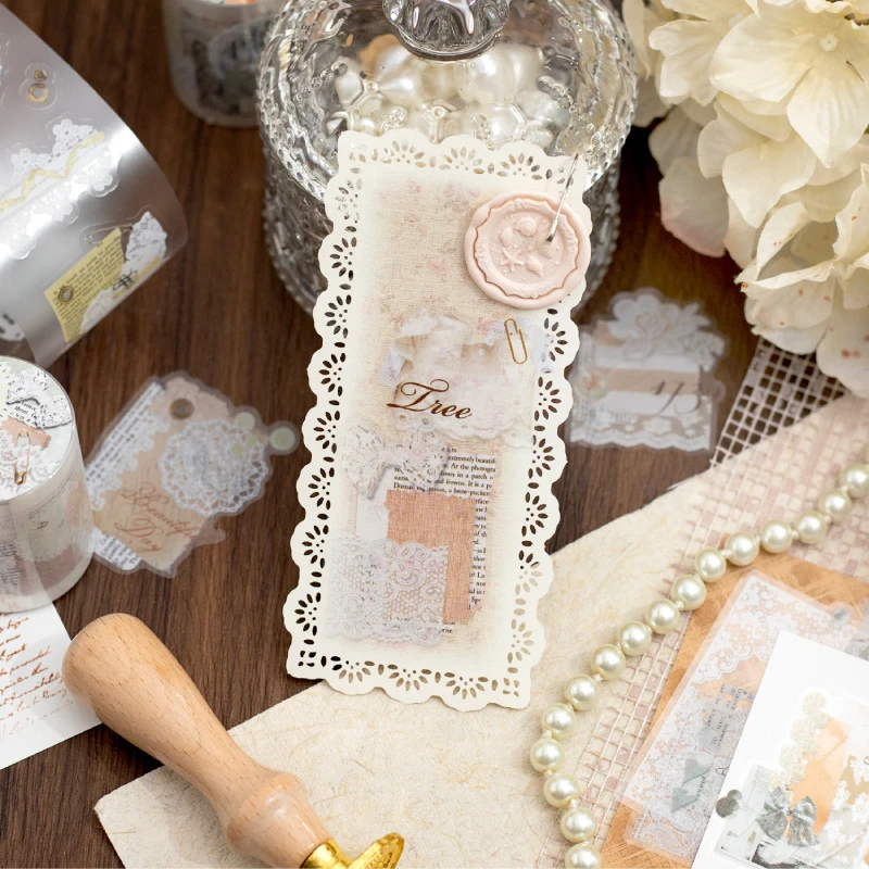 50 mm * 200 cm/Rolle Vintage Spitze Text Manuskript PET Stanzklebeband DIY Scrapbook ästhetische Briefpapieraufkleber