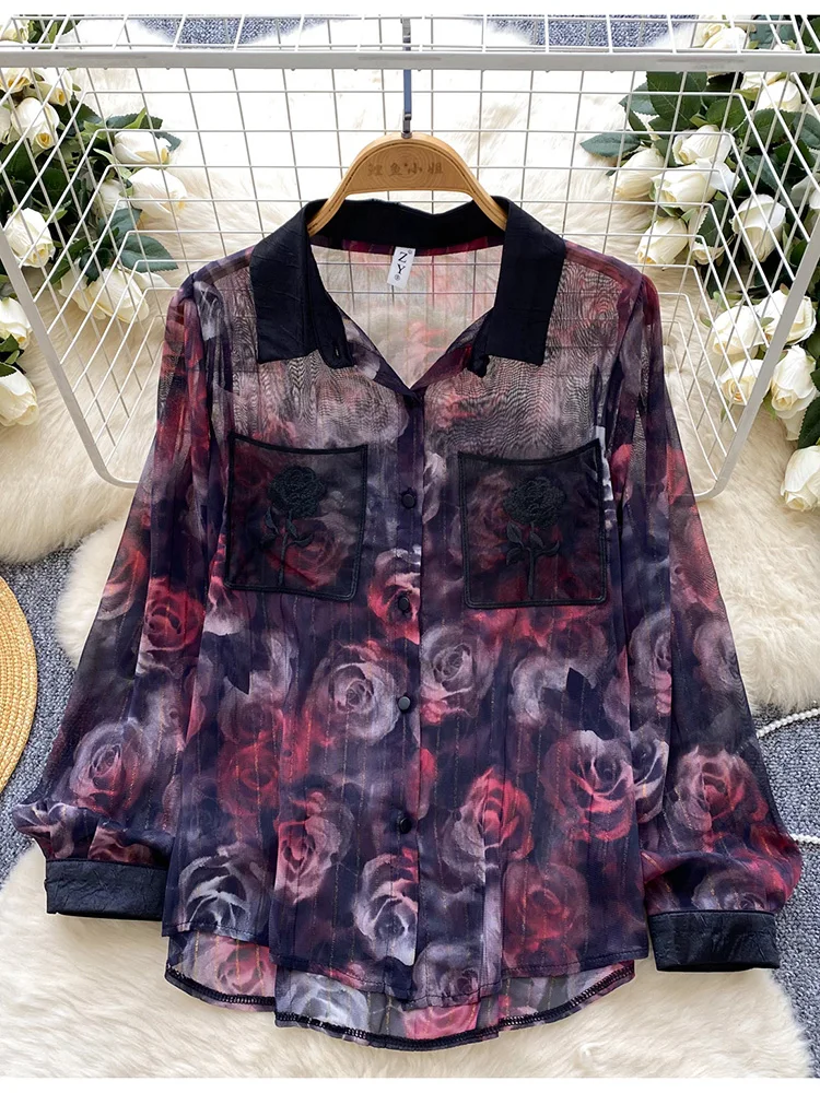 

Women‘s Spring Shirt Long Sleeved Chiffon Shirt New High-end Thin Versatile Printed Single Breasted Casual Top Shirt BL144