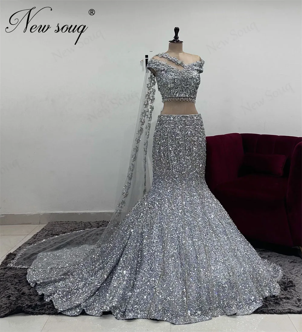 

Two Pieces Silver One Shoulder Sequins Evening Dress Cape Sleeves Prom Dresses For Women Arabic Party Night Gowns Customized