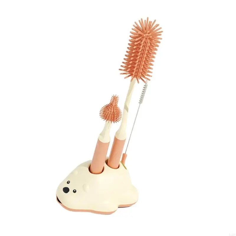 54DF 4 قطعة سيليكون مجموعة تنظيف زجاجات الأطفال طقم فرش الحلمة مع قاعدة تخزين شعيرات عملية للآباء الجدد #3