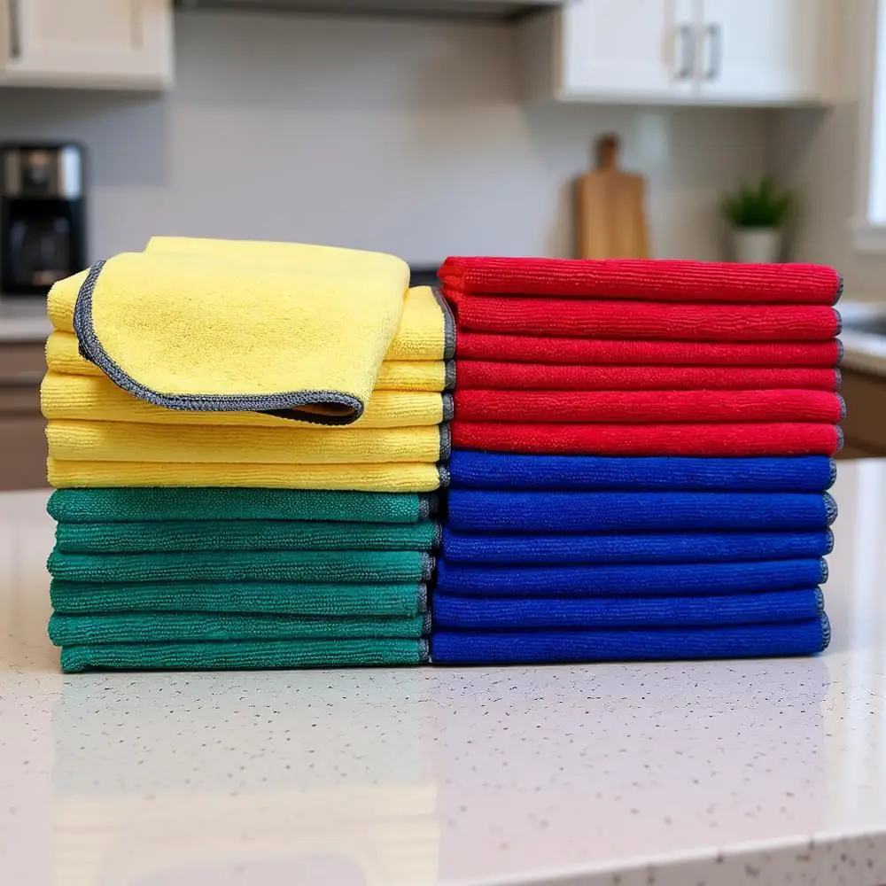 

16x16 Reusable Washable Non-Scratch Microfiber Cleaning Cloths, 4 Colors, 24-Pack for Dusting, Polishing, High Absorbency and Du
