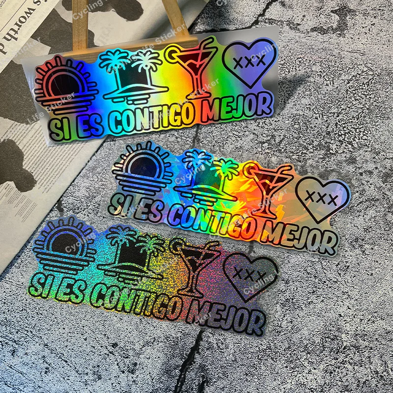 

2D плоская голографическая наклейка с испанской цитатой "Si Es Contigo Mejor", водонепроницаемая, устойчивая к солнцу, для окон мотоциклов и автомобилей