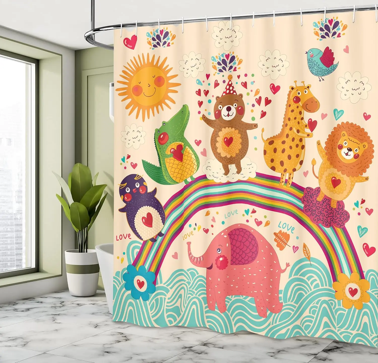 フック付き漫画風シャワーカーテン-–-虹に描かれた幸せな動物たち、クマ、ライオン、ワニが描かれた子供部屋の装飾