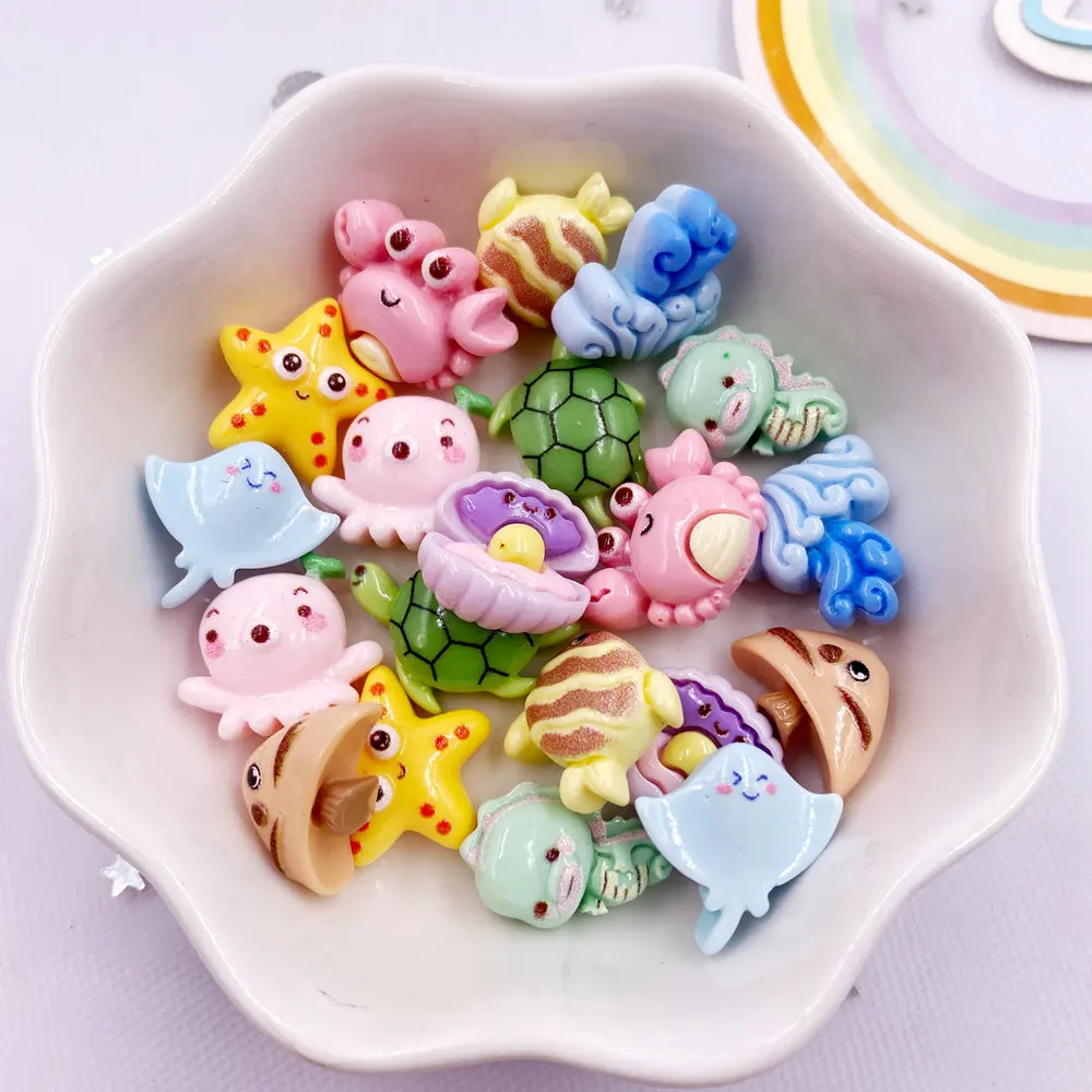 30pcs Colorful Resin Mini Turtles Crabs Fish Starfish Seahorses Seaweed Marine Organism Figurine Flatback Scrapbook Crafts DIY