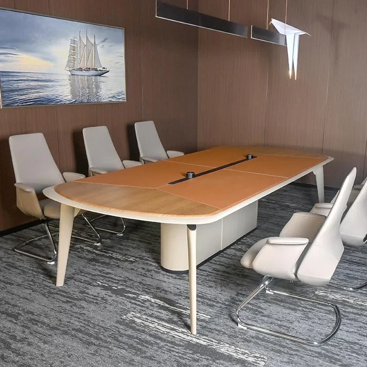 Simple Style Long Table Luxury Leather Modern Conference Table With Leather On Top