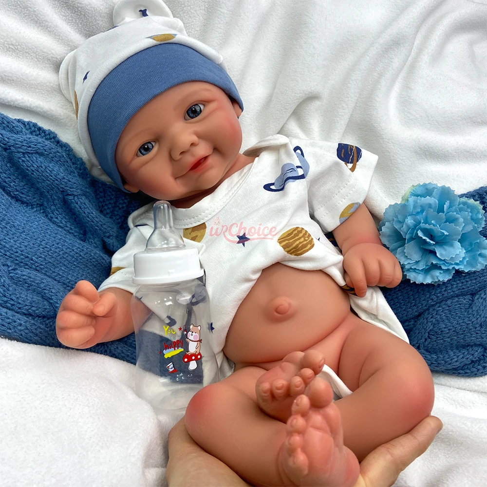 Realistyczna lalka reborn dla dziewczynki, 43 cm, silikonowa, ręcznie robiona, miękkie niebieskie oczy, urocza lalka odrodzona, idealna na prezent dla kolekcjonera.