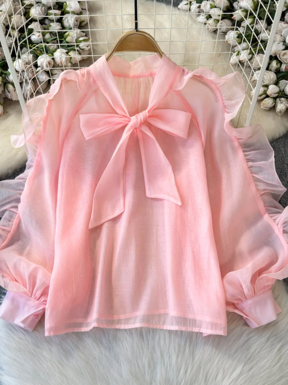

Sweet Knot Long Sve Women's irt Summer Loose Slimming Chiffon Top Korean Sle Bell Sve V-Ne UV Protection