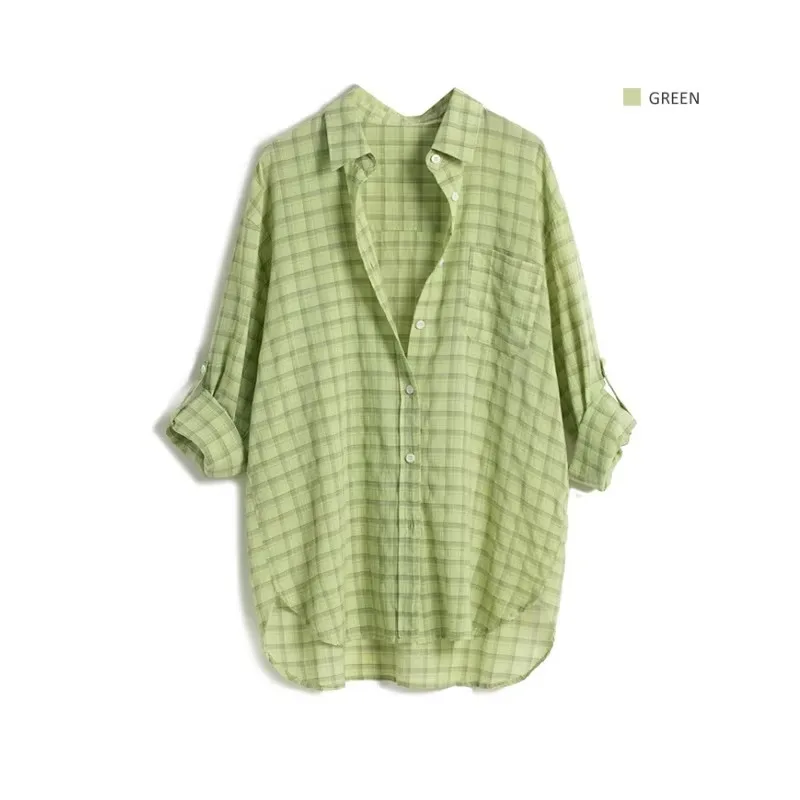 

Женские легкие клетчатые рубашки, летние свободные хлопковые рубашки с лацканами и длинными рукавами, корейская повседневная рубашка