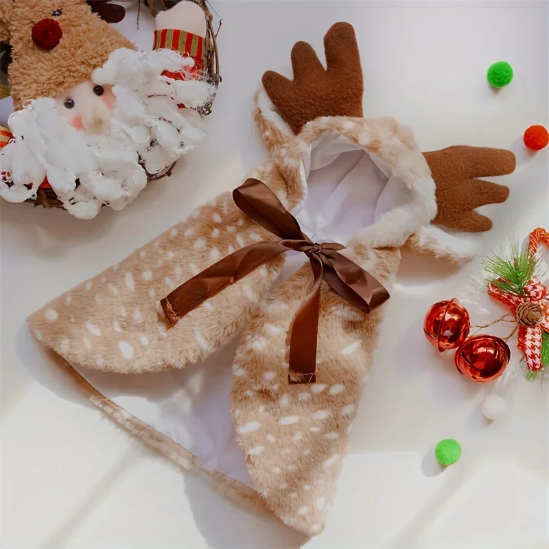 Funny Christmas Cute Reindeer Cape Cloak Warm Fuzzy Clothes Pet Costumes Cosplay Cloak for Small Dog Cat Kitten Puppy Clothing