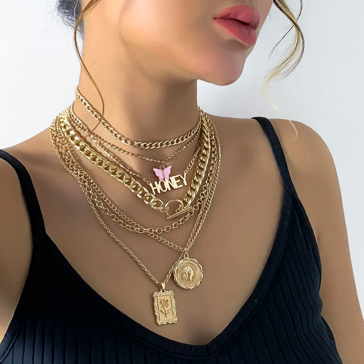 7Pcs/Set Punk Butterfly Coin Rose Flower Pendant Necklace for Women Vintage OT Buckle Honey Chain Grunge Jewelry Steampunk New image 2
