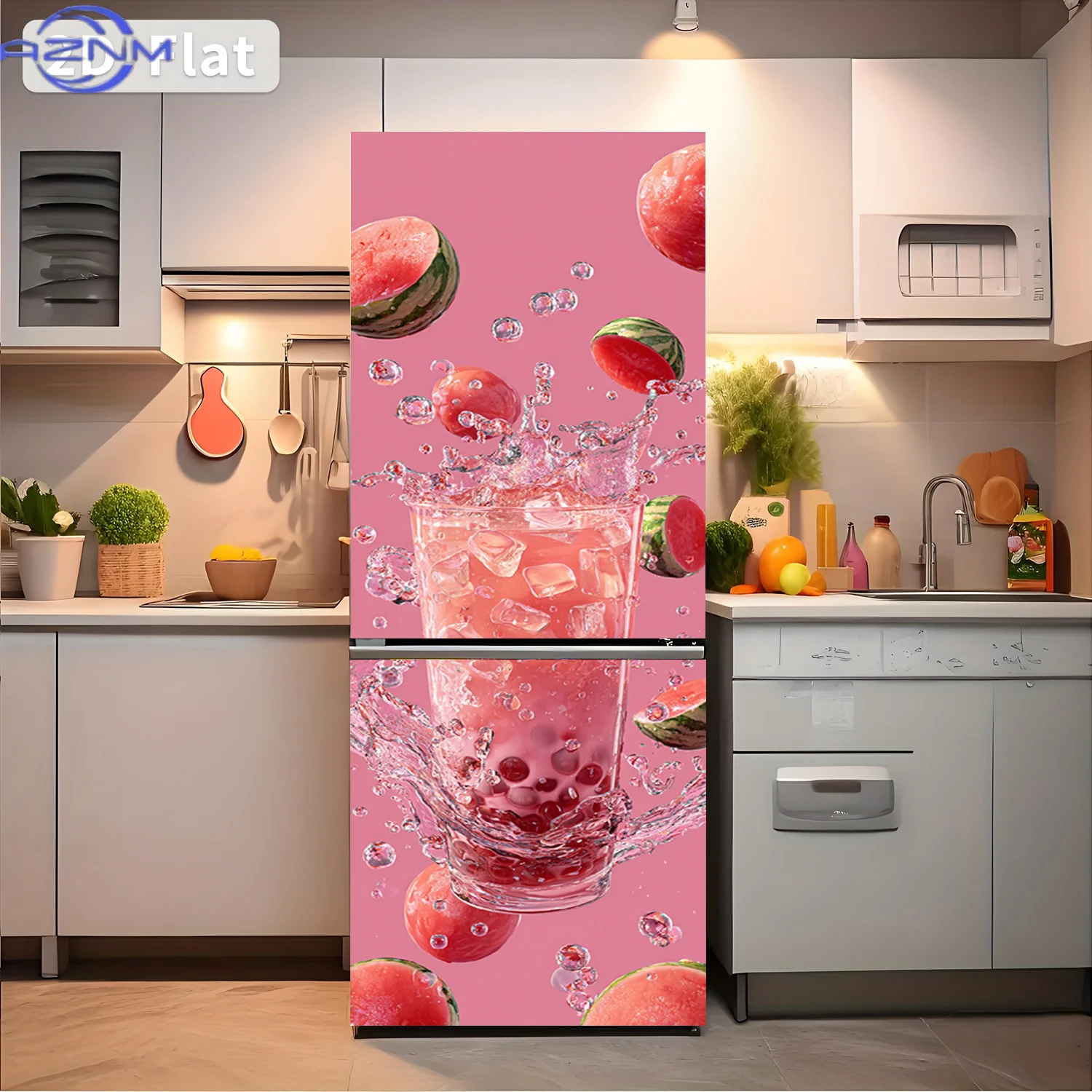 1pc Watermelon Bubble Drink Theme Refrigerator Sticker |  Self-Adhesive Wall Decal For Cabinets And Wardrobes, Modern Kitchen