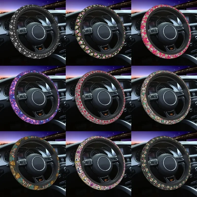 Sugar Skulls Universal Steering Wheel Cover for Sedan Day of the Dead Gothic Soft Car Steering Wheel Protector Auto Accessories