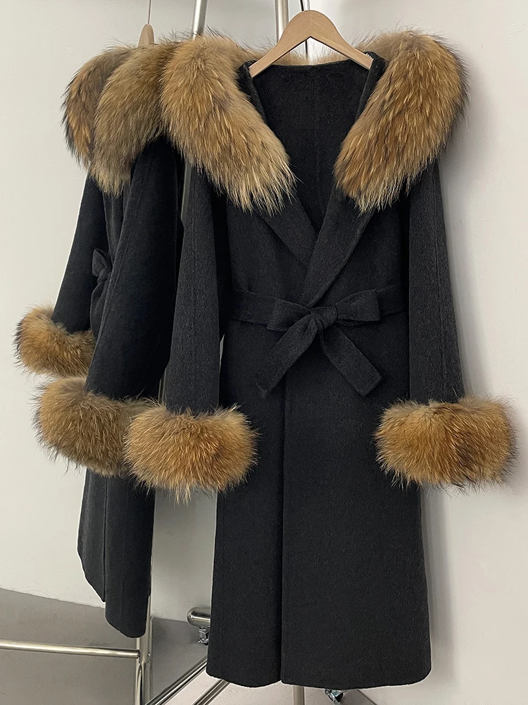 

Women New Long Hoohed Autumn Winter Clothes Female Long Sleeves Real Fox Fur Woolen Jacket New Natural Fur Cuffs Wool Coat Women