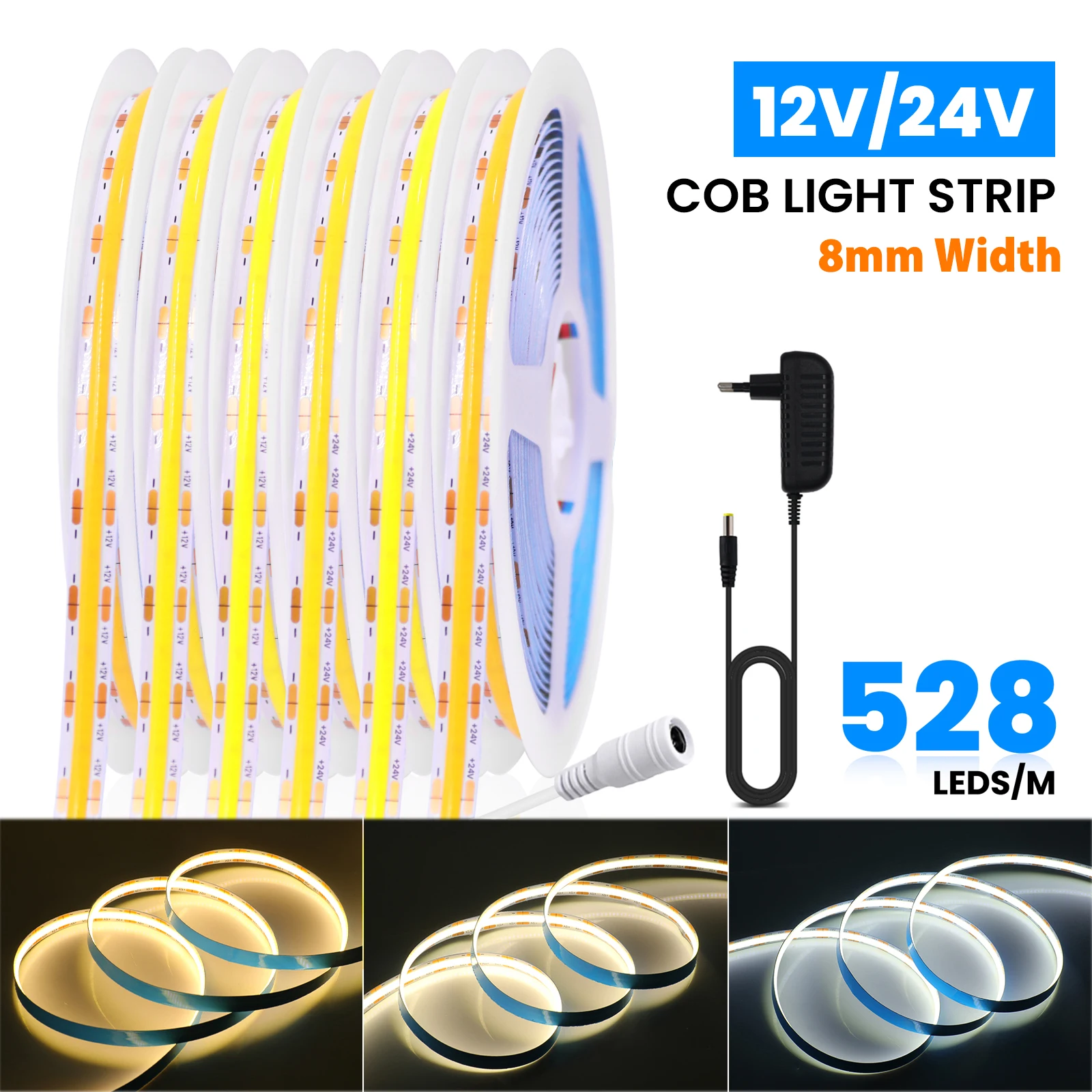 

8mm COB LED Strip 528LEDs/m High Brightness Flexible DC12V/24V Linear Light Bar High Density Warm Natural White With Power Plug