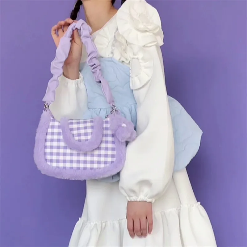 Imagem -04 - Mulher Kawaii Lolita Bolsa de Ombro Estilo Japonês Mulheres Axila Bolsa de Pele Roxo Xadrez Mensageiro Bolsa de Pelúcia Harajuku Bolsas Satchel