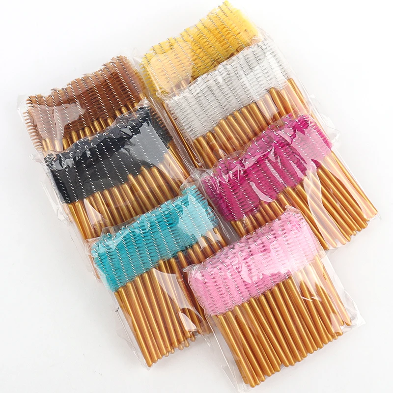 50pcs Disposable Golden Rod Eyebrow Eyelash Brushes Mini Mascara Wands Comb Eyelash Extension Applicator Beauty Makeup Tools