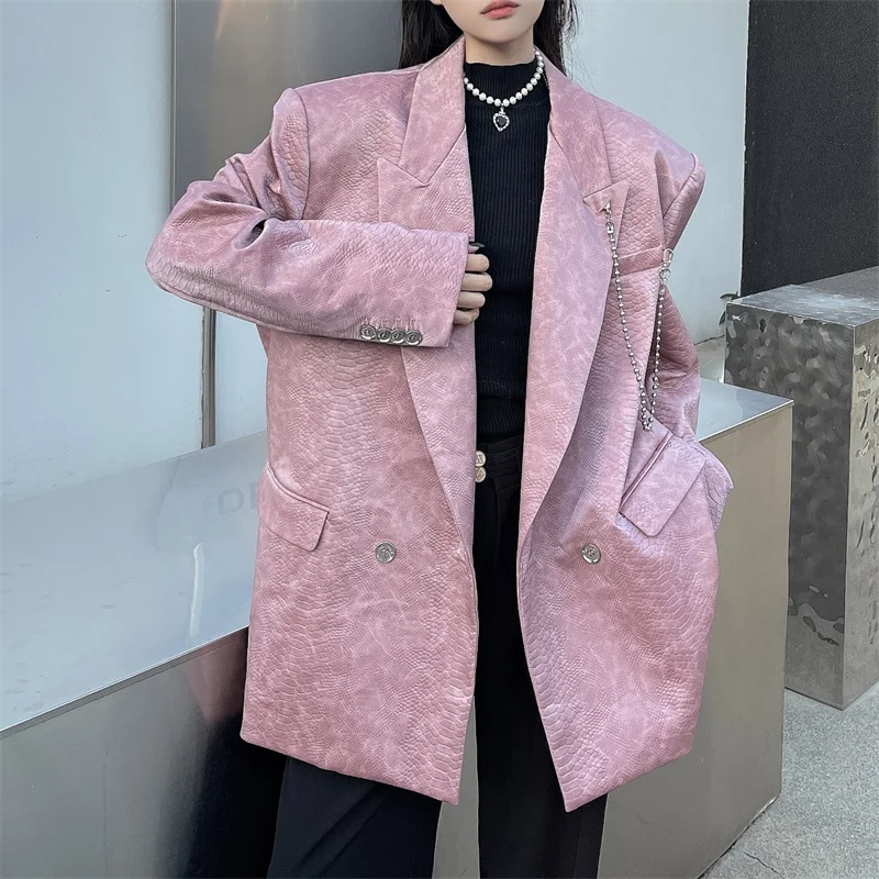 Women\'s Fashion Oversized Blazer High Street Style Serpentine Patern Luxury Pink Suit Jacket Unisex Loose Coat 2024 Winter New