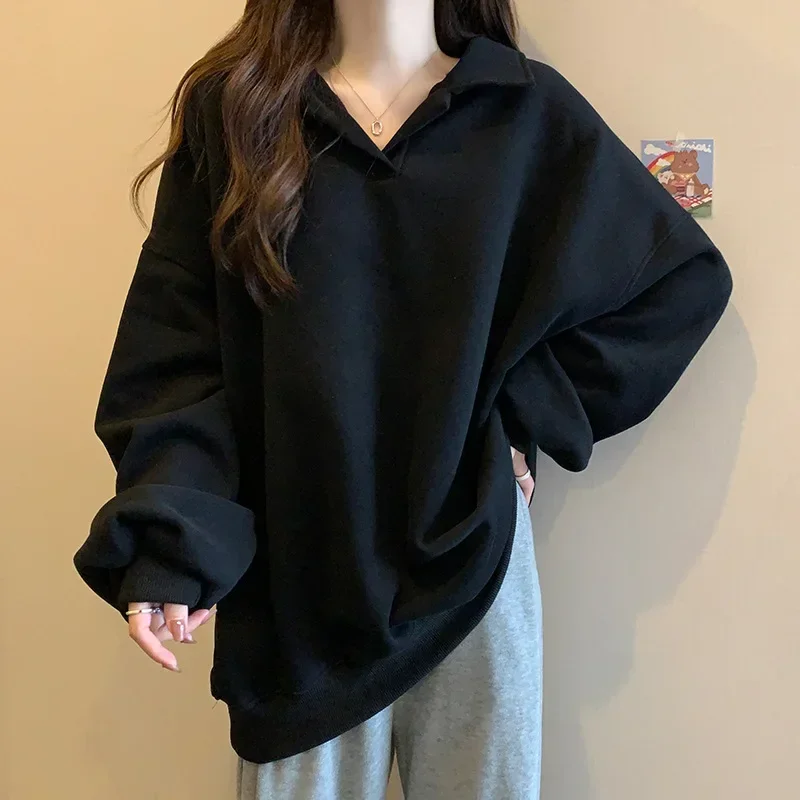 Moletom de mangas soltas para mulheres, tops soltos de gola virada para baixo, monocromático, cobertura de barriga, grandes dimensões, primavera, outono