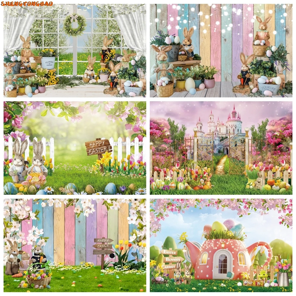 

Spring Easter Photography Backdrop Wood Window Rabbit Bunny Castle Grassland Kids Portrait Baby Shower Birthday Party Background