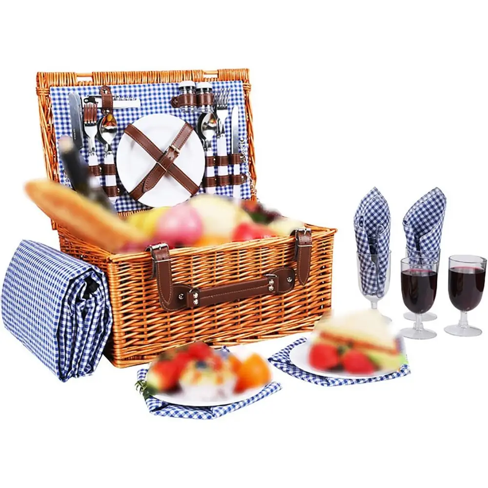 

Плетеная корзина для пикника на 4 персоны с набором столовых приборов, тарелками, стаканами, посудой и пледом, винтажные ротанговые корзины, плетеная корзина для пикника из ивы