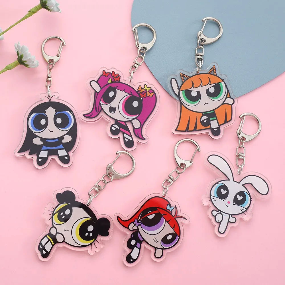 Anime The Powerpuff Girls Acrylic keychain accessaries Cartoon funny Bag Pendant Gift cute bag charm Keyring Friends Fans Gifts