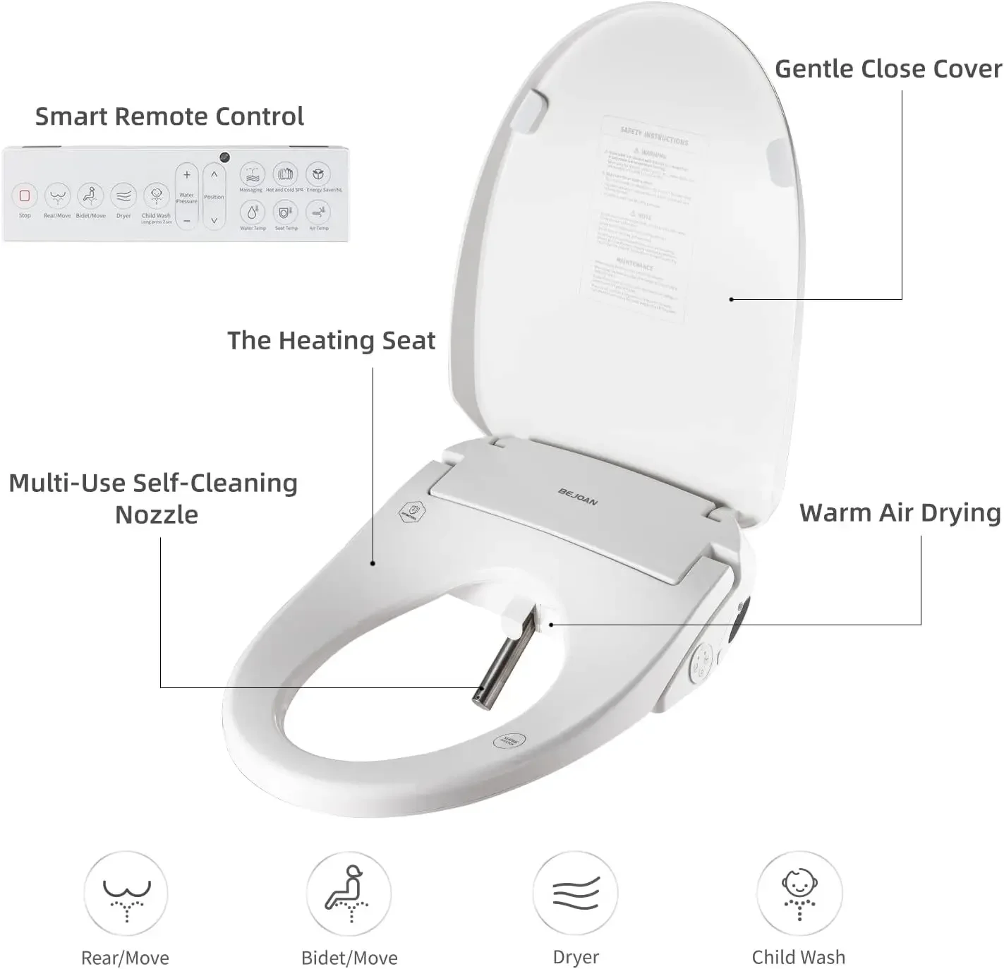 Toilet Seat, Elongated Smart Toilet Seat, Bidet Attachment for Toilet Warm Water with Soft Close, Electric Heated Bidet Seat