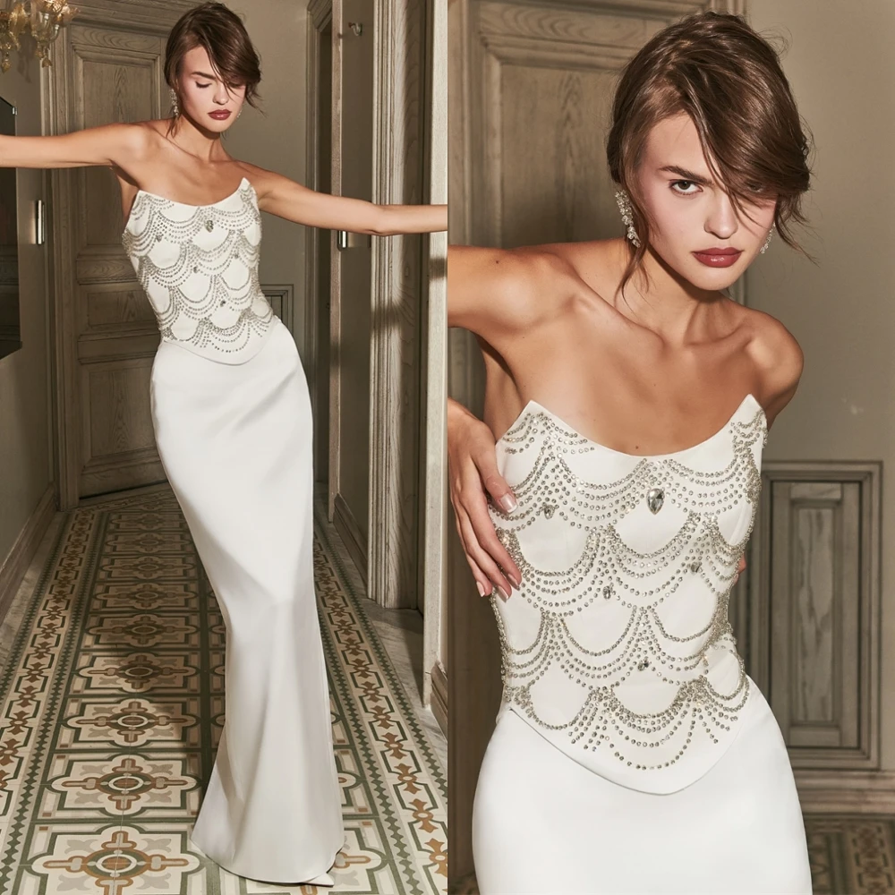 

Customized Simple Satin Evening Dress High Quality Strapless Prom Dresses Delicate Sequined Sleeveless Special Occasion Gowns