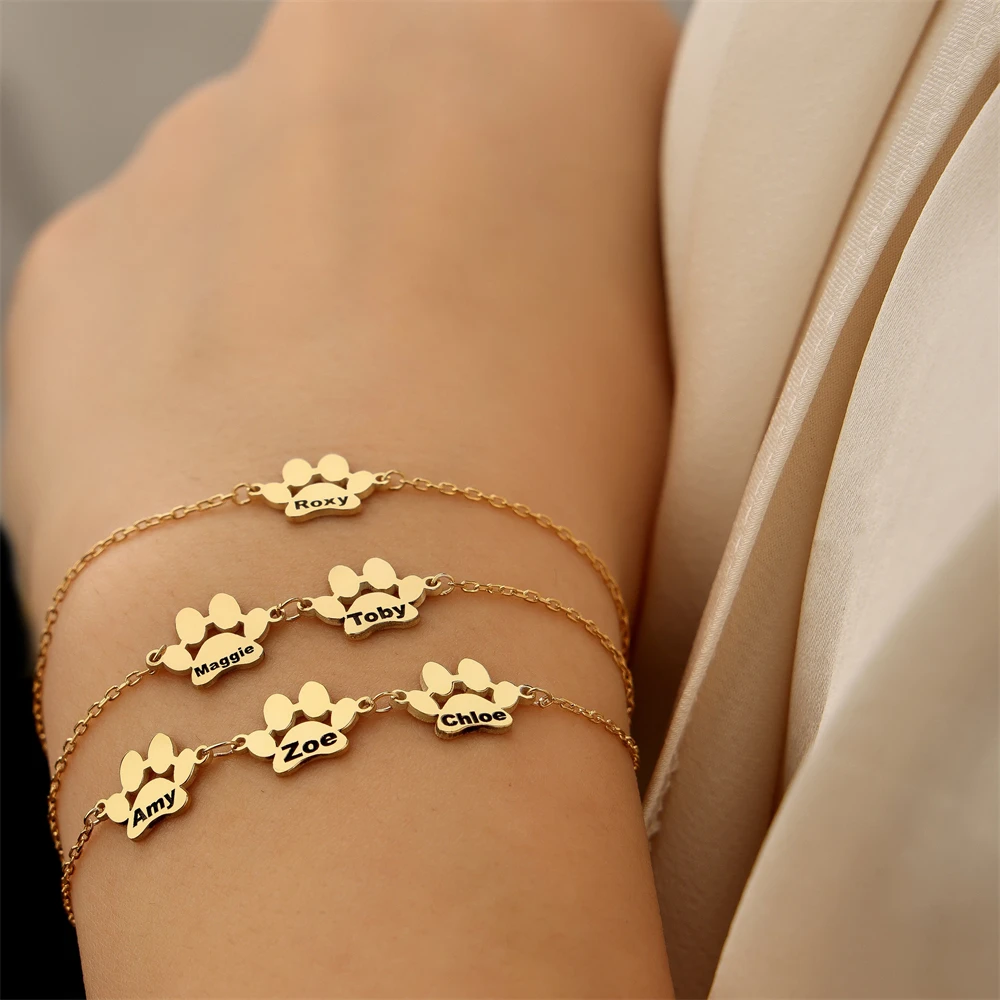 Pulsera de Animal encantador personalizada para mujer, joyería minimalista, perro, gato, pata impresa, nombre, pulseras