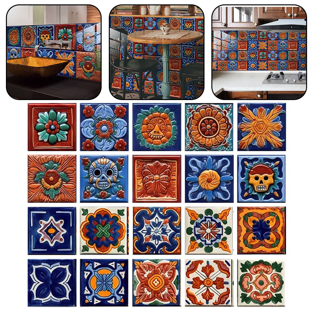 20pcs 10x10cm PVC Wall Tile Stickers Peel And Stick Tile Stickers Mexican Tiles Decals Stick For Kitchen Backsplash Furniture