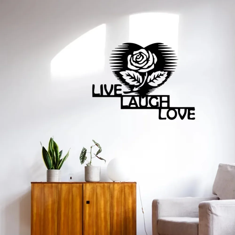 CIFBUY Live Laugh Love Metal Wall Art 2D Flat Black Iron Hanging Sculpture Romantic Rose Bedroom Wedding Gift Decor
