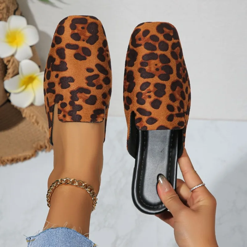 

Leopard Women Mules Shoes Slippers Flats Suede Summer Square Toe Designer Outdoor Slingback Sandals Zapatos Mujer Slides