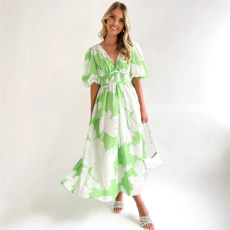 Fashion Boho Floral Print Long Dress For Women New Spring Summer Short Sleeve V Neck Elegant Style Maxi Dresses Robe Femme