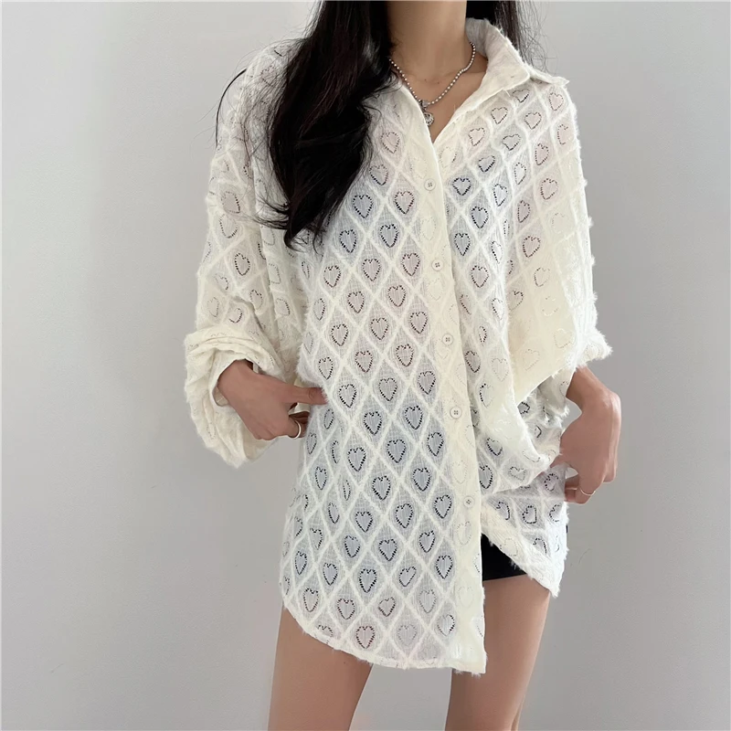 

QOERLIN Love Pattern Hollow Out White Black Tops Shirts Women Turn-Down Collar Long Sleeve Batwing Sleeve Blouse Female 2024 New