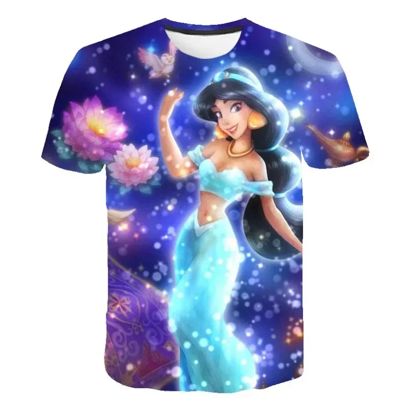 2024 Summer Disney Aladdin Jasmine Princess  3D Print T-shirt CartoonT Shirt Boys Girls Round Neck Oversized Tops Tees