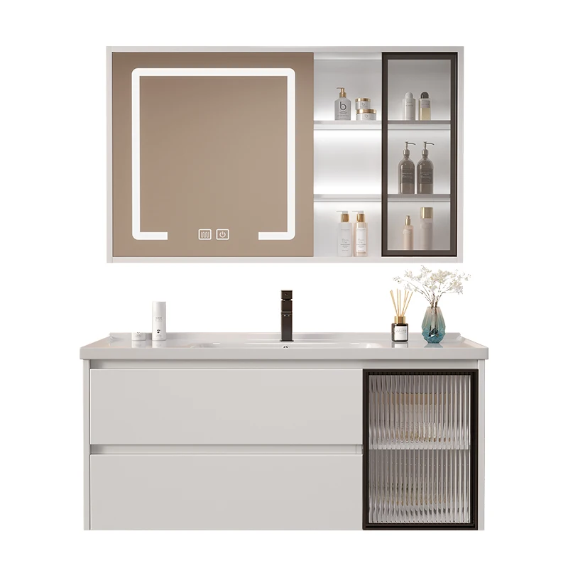 European modern solid wood bathroom cabinet furniture smart mirror wall mounted bathroom vanities